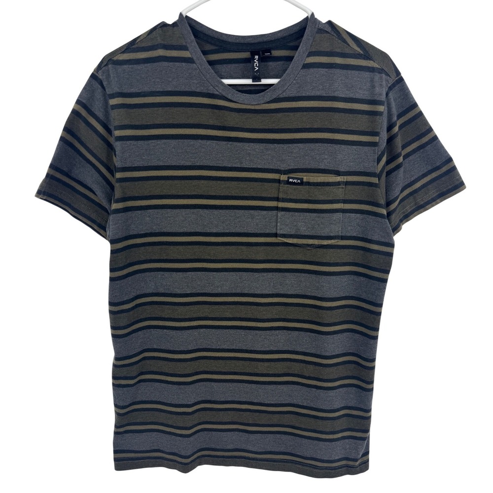 RVCA Mens Striped Pocket T-Shirt Grey Brown Black Short Sleeve Crew Neck
